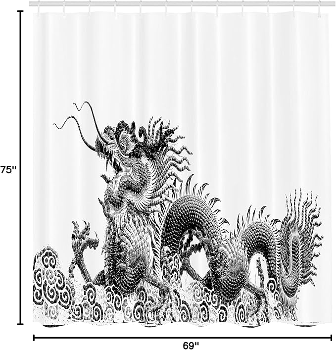 Ambesonne Dragon Shower Curtain, Traditional Chinese Dragon Symbolize Strength and Luck Powers Fantasy Graphic, Cloth Fabric Bathroom Decor Set with Hooks, 69" W x 75" L, White and Ink