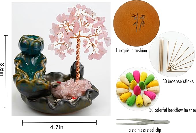 Dreamgirnh Backflow Incense Holder, Waterfall Incense Burner, Gemstone Money Tree Home Living Room Decorations Office Accessories for Women, Mothers Day Mom Gifts (Rose Quartz)