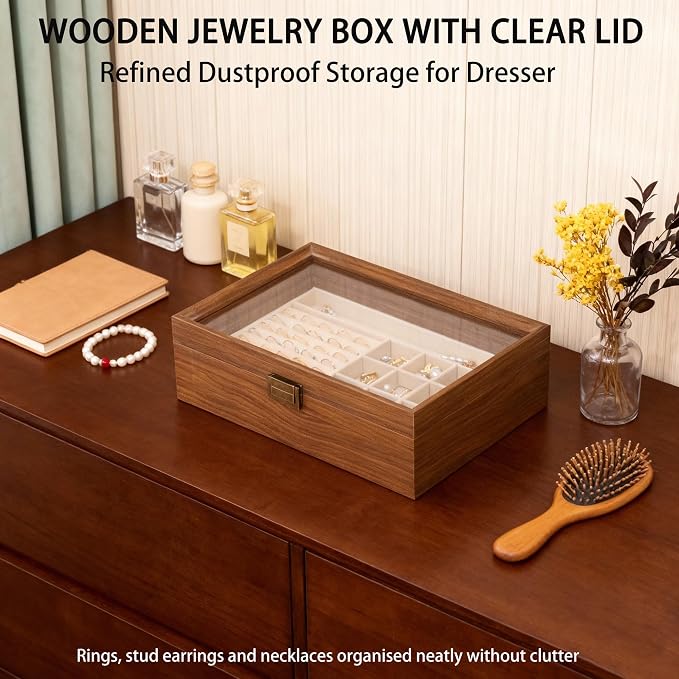 2-Layer Glass Lid Walnut Jewelry Box for Women, Vintage Style Solid Wood Jewelry Organizer and Display Case, Ideal Gift for Rings, Earrings, Necklaces & Bracelets