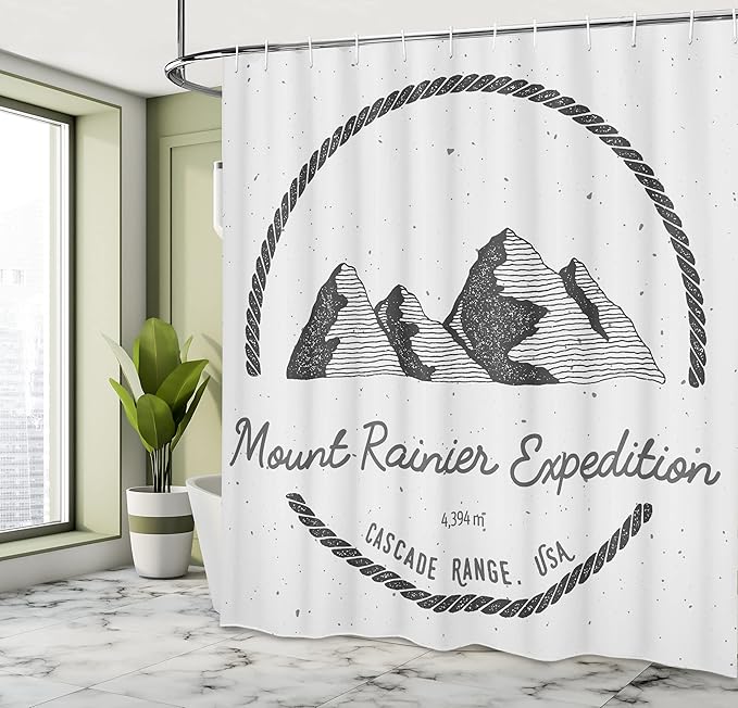 Ambesonne Mt Rainier Shower Curtain, Adventure Logo Look Design Mount Rainier Expedition Cascade Range, Cloth Fabric Bathroom Decor Set with Hooks, 69" W x 75" L, Pale Grey Charcoal Grey