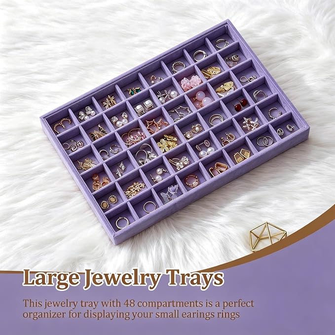 Large Velvet Jewelry Tray 2 Pack Stackable Jewelry Display Drawer Inserts Trays Organizer for Earring Bracelet Necklace Ring (Purple, 48 Grids)