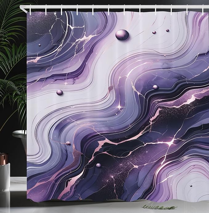 Ambesonne Purple Shower Curtain, Modern Universe Feels Curvy Marble Print Monochromatic Pastel Tones, Cloth Fabric Bathroom Decor Set with Hooks, 69" W x 84" L, Pale Grey Quartz and Lilac