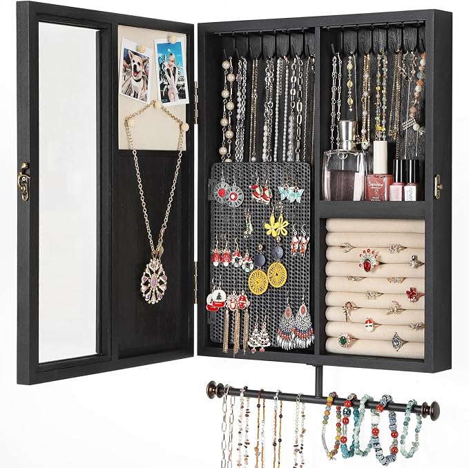 Keebofly Wall Mounted Jewelry Organizer With Rustic Wood Large Space Jewelry Cabinet, Holder, Storage Box for Necklaces, Earrings, Bracelets, Ring Holder, and Accessories Black
