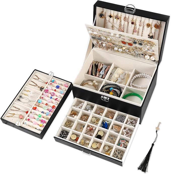 BOOVO Large Jewelry Boxes For Women (Black) | 5 Layers Jewelry Organizer Box With Cosmetic Storage Drawer, Necklace Ring Jewelry Organizer Box