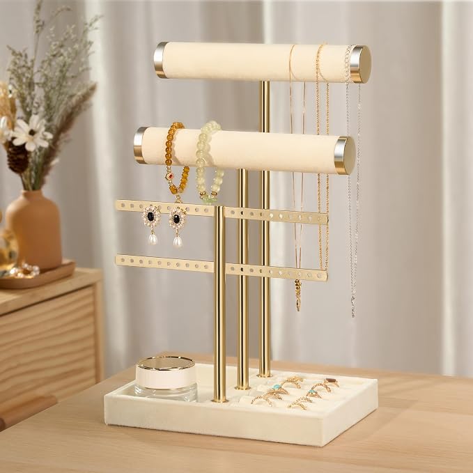 Jewelry Organizer Stand for Necklaces, Bracelets, Earrings, Rings, Beige | 3 Tier Velvet Bracelet Holder Display | Jewelry Organizers and Storage | Jewelry Tree | Jewelry Towers
