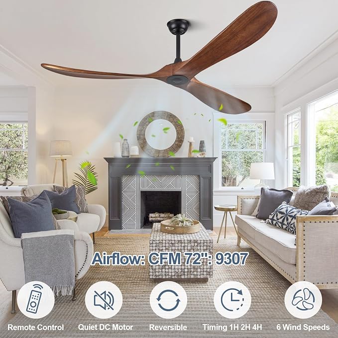 ABZ Ceiling Fans without Lights - 72 Inch Outdoor Ceiling Fans no Lights with Remote Control, 3 Blade Solid Wood Large Ceiling Fan for Patios Living Room Bedroom
