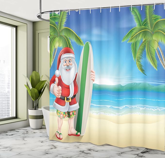 Ambesonne Christmas Shower Curtain, Santa Claus with Trunks on The Beach and Surfboard Sunny Hot Christmas Theme, Cloth Fabric Bathroom Decor Set with Hooks, 69" W x 70" L, Blue Green