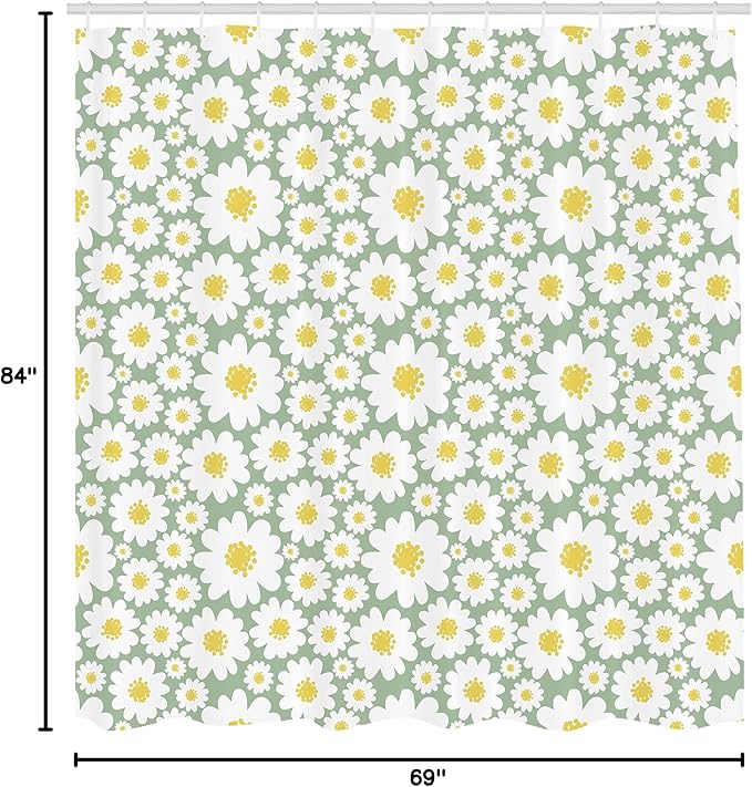 Ambesonne Floral Shower Curtain, Pastel Cartoon Like Flowers Daisies Spring Time Season Artwork Print, Cloth Fabric Bathroom Decor Set with Hooks, 69" W x 84" L, Pale Green