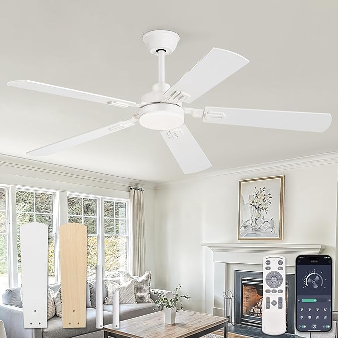 ZMISHIBO 52" Ceiling Fans with Lights, White Modern Ceiling Fan with Remote & App Control, bedroom Indoor Ceiling Fan with Dual Finish Blades, Quiet & Strong Motor, 24W Dimmable Bright LED Light.