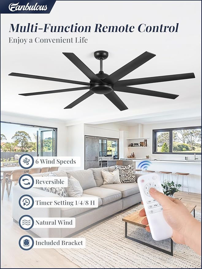 Fanbulous 72 Inch Black Ceiling Fan no Light with Remote | Large Ceiling Fan, 6-Speeds, Quiet Reversible DC Motor, Industrial Ceiling Fans without Lights , Living Room, Garage, Patio