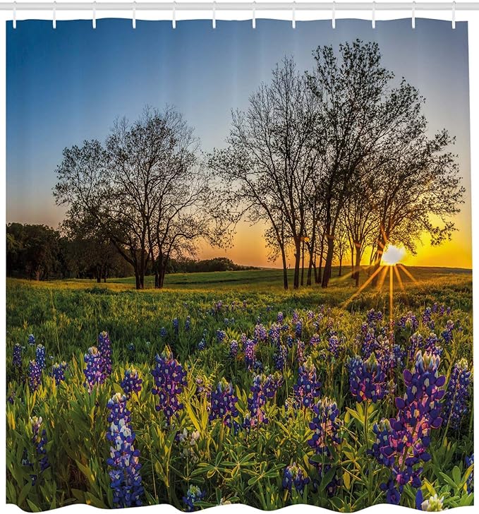 Ambesonne Nature Shower Curtain, Country Scenery with Lavender Meadow at Sunset Spring Beauty Foliage Eco Picture, Cloth Fabric Bathroom Decor Set with Hooks, 69" W x 75" L, Lavender Green