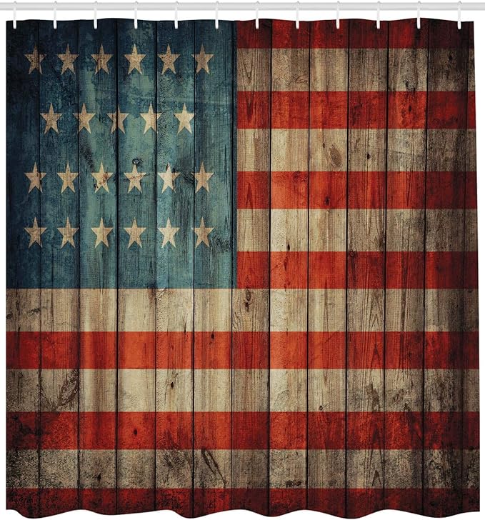 Ambesonne USA Shower Curtain, Fourth of July Independence Day Painted Old Wooden Rustic Background Patriot, Cloth Fabric Bathroom Decor Set with Hooks, 69" W x 70" L, Blue Red