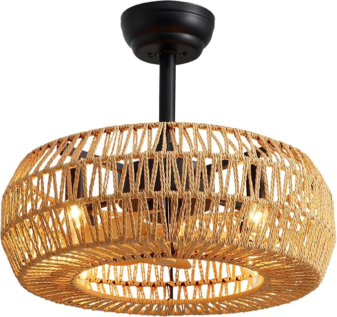 20" Boho Caged Ceiling Fan with Lights Remote Control, Rattan Cage Low Profile Bladeless Ceiling Fan, Farmhouse Ceiling Fans with Light for Kitchen, Bedroom, Dining Room