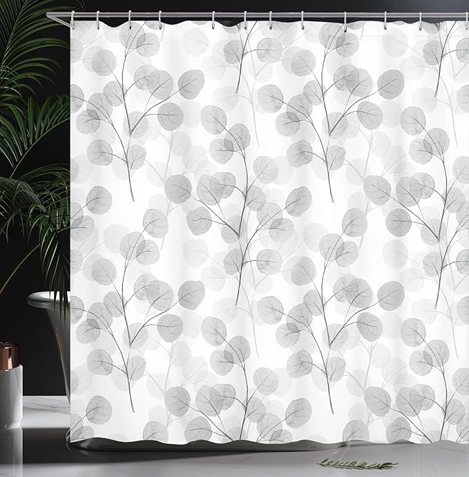 Ambesonne Nature Shower Curtain, Soft Colored Bay Leaf Watercolor Branches Growth Essence Image Print, Cloth Fabric Bathroom Decor Set with Hooks, 69" W x 84" L, Grey White