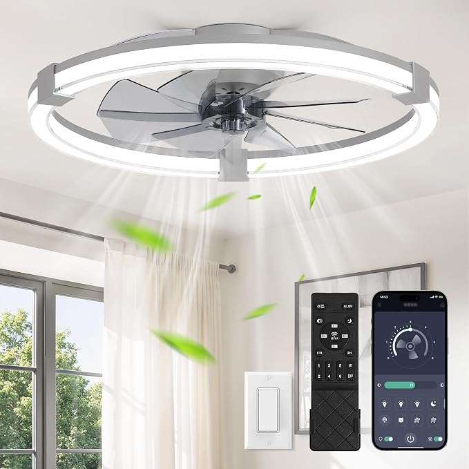 LEDIARY Ceiling Fans with Lights, 23 Inch Low Profile Ceiling Fan with Remote, 6 Speeds, Reversible, Dimmable Flush Mount Fan Light, Modern Fandelier Ceiling Fan with Lights for Bedroom, Grey