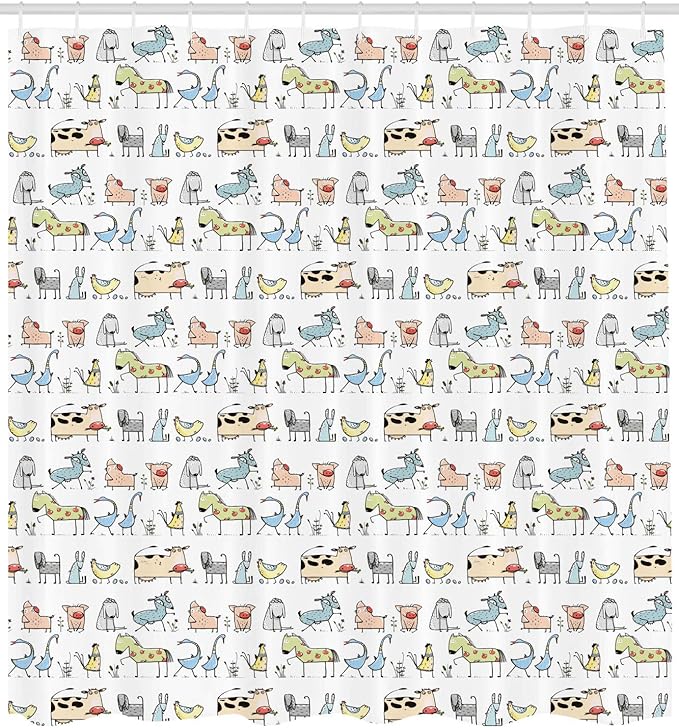 Ambesonne Retro Shower Curtain, Cartoon Village of Domestic Animals Goat Goose Sheep Funny Patterns, Cloth Fabric Bathroom Decor Set with Hooks, 69" W x 70" L, Yellow Beige