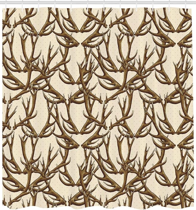 Ambesonne Antlers Shower Curtain, Deer Antlers on Dotted Background Polkadot Vintage Horn Collecting Winter, Cloth Fabric Bathroom Decor Set with Hooks, 69" W x 75" L, Brown Umber
