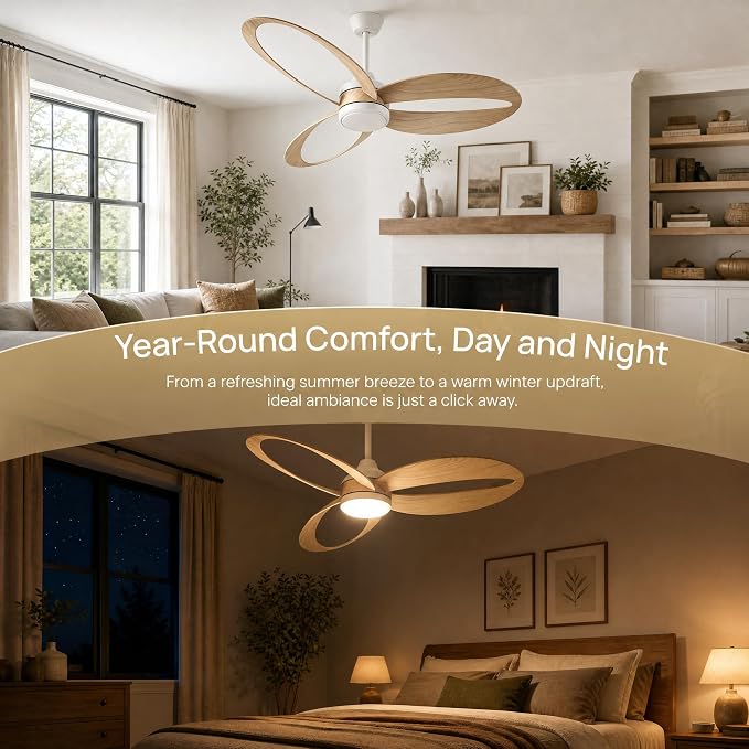 52 Inch Ceiling Fan with Light, Flush Mount Ceiling Fan, White | Quiet DC Motor, 6 Speeds & 3 Color Temperatures, Dimmable LED, Reversible for Bedroom Living Room Patio