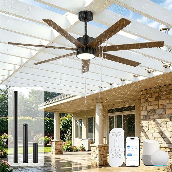 ETL Wet Rated Outdoor Smart Ceiling Fan with Lights, 56" All Weather Waterproof Fans for Patios, Alexa WIFI/Remote Control, High CFM 7 Walnut Blade with UV Coating, for Exterior Gazebo Porch Pavilion