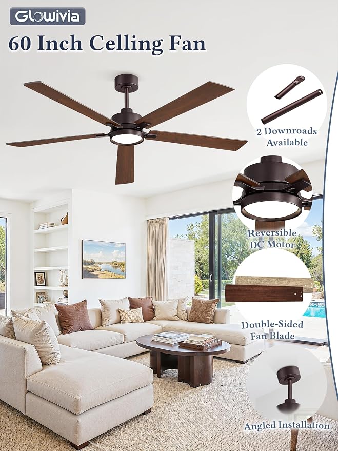 60 Inch Ceiling Fan with Lights and Remote, Smart APP Control, Dimmable with All-Setting Memory, Quiet DC Motor Reversible Blades, Damp Rated Modern Ceiling Fan for Bedroom Patio Living Room
