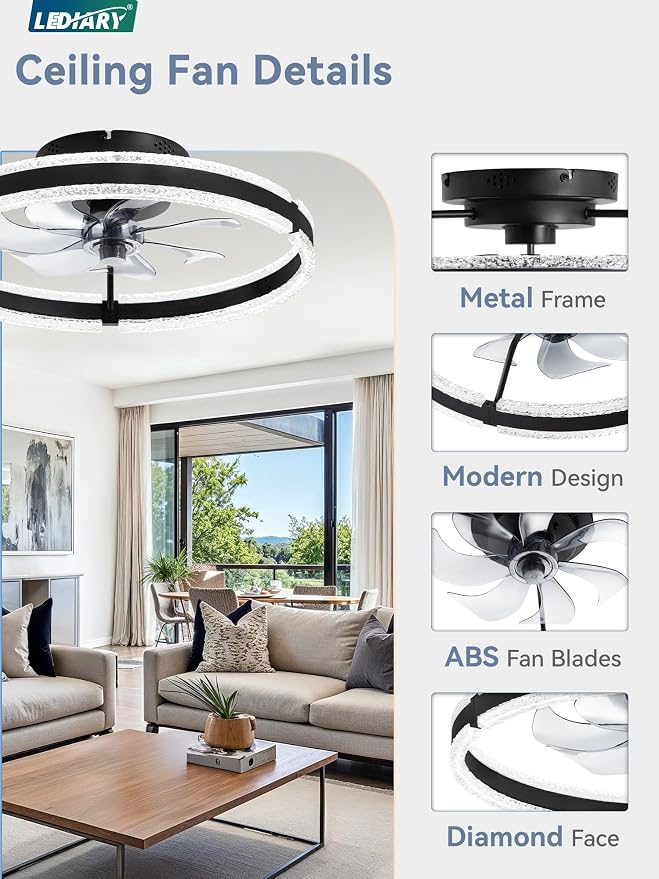 LEDIARY 20" Ceiling Fans with Lights and Remote, Black Low Profile Ceiling Fan with Light, 3000-6000K Dimmable Fandelier Ceiling Fans, Modern Flush Mount Fan Light for Bedroom-2 Pack