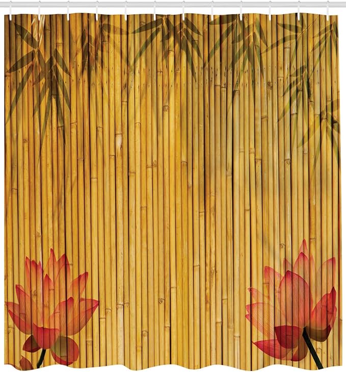 Ambesonne Asian Themed Shower Curtain, Chinese Concept Flower Silhouettes and Shadow Look Eastern Tropical Exotic, Cloth Fabric Bathroom Decor Set with Hooks, 69" W x 75" L, Mustard