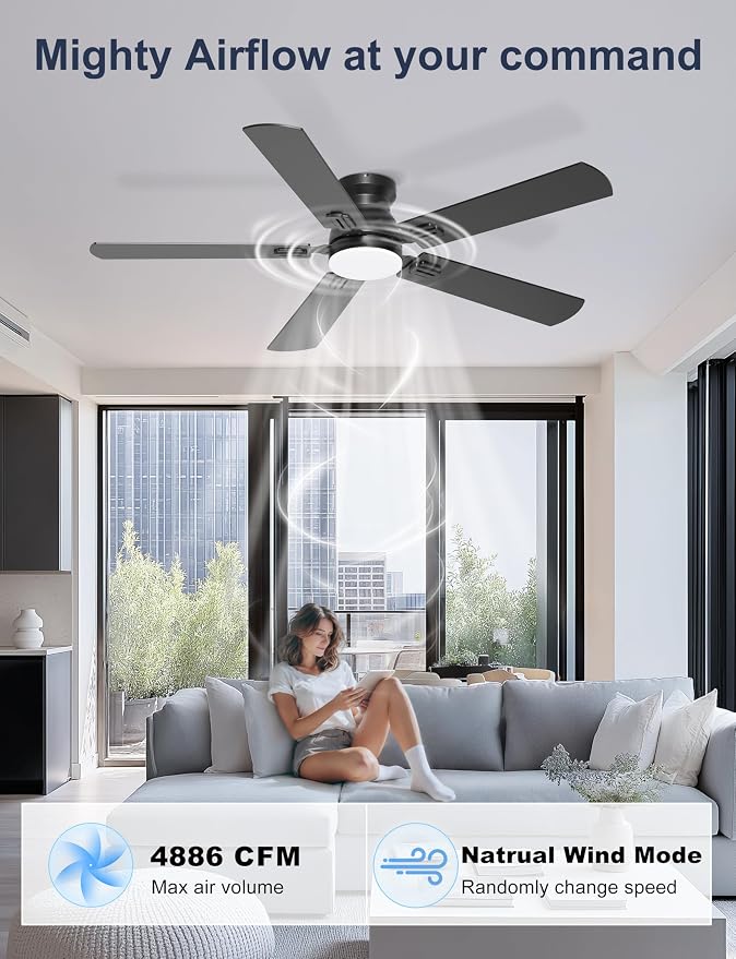 52'' Flush Mount Ceiling Fan with Lights, Space-Saving Low Profile for Low Ceilings, App/Remote Control, Safe Quiet DC Motor for Bedroom Living Room, Dimmable, Black
