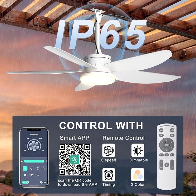 Outdoor Ceiling Fan with Lights, 42 Inch Plug in Gazebo Fans with Remote APP Control, Quiet DC Motor, Dimmable 3CCT, Waterproof Hanging Fans for Patios, Porch, White