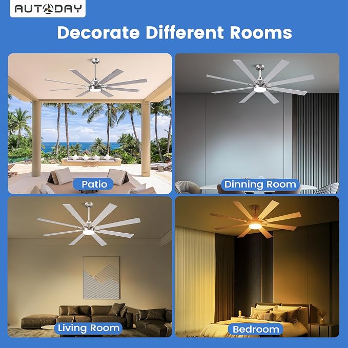 Large Ceiling Fans with Lights and Remote - 62 Inch Brushed Nickel Ceiling Fan with Light, Quiet DC Motor, 3 CCT, Modern Dimmable Lighting & Ceiling Fans for Living Room Patio,Indoor/Outdoor