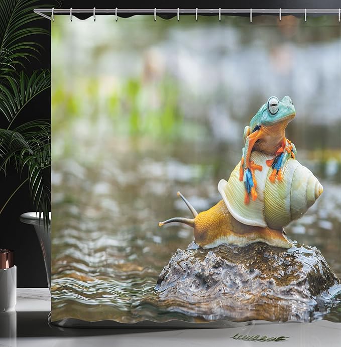 Ambesonne Funny Shower Curtain, Colorful Frog Above The Snail Riverscape Water Rock Mollusks Amphibian Animals, Cloth Fabric Bathroom Decor Set with Hooks, 69" W x 70" L, Multicolor Earth Yellow