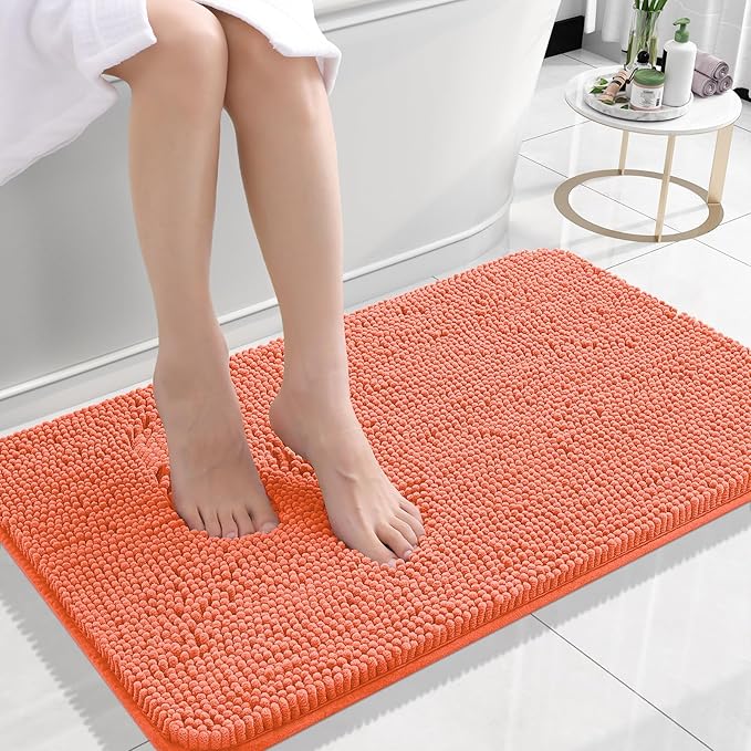 OLANLY Small Bathroom Rugs 24x16, Extra Soft Absorbent Chenille Bath Rugs, Rubber Backing Quick Dry, Machine Washable Bath Mats for Bathroom Floor, Tub and Shower, Home Decor Accessories, Coral