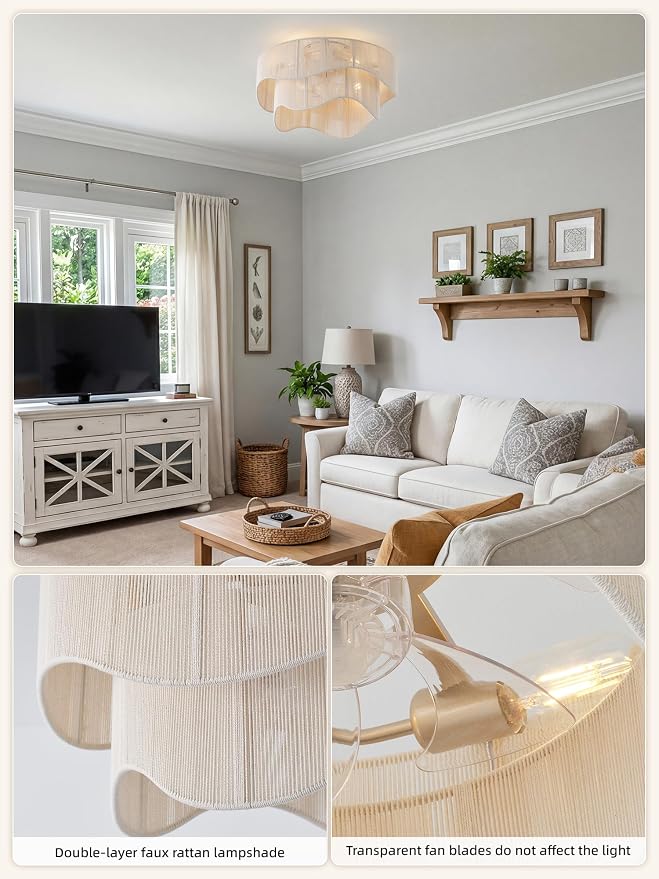 Flush Mount Ceiling Fan with Lights, 20" Low Profile Boho Ceiling Fan with Light Remote Control, Caged with 6 Speeds for Bedroom, Nursery, Living Room
