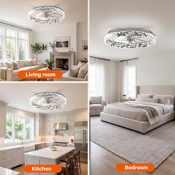 Ceiling Fans with Lights and Remote,20''Low Profile Ceiling Fan,3000-6000K Dimmable Modern Flush Mount LED Fan Light,6 Wind Speeds for Bedroom (White, 20-inch Foldable Diamond)
