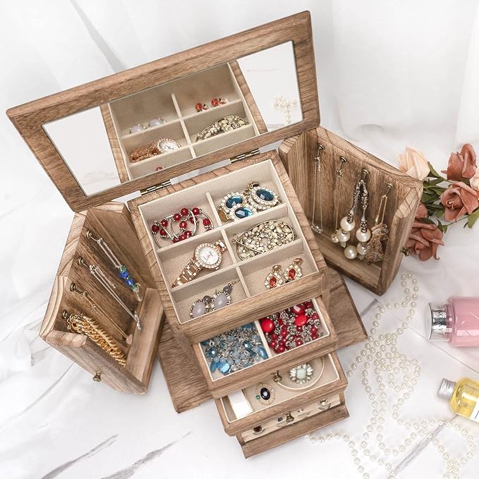 Emfogo Jewelry Box for Women, Rustic Wooden Jewelry Boxes & Organizers with Mirror, 4 Layer Jewelry Organizer Box Display for Rings Earrings Necklaces Bracelets (Rustic Brown)