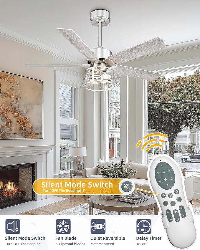 YOUKAIN 42 Inch Ceiling Fans, Farmhouse Ceiling Fans with Lights and Remote, 5-Reversible Blades with Gray Oak/Brushed Nickel Finish, 42-YJ632-BNW