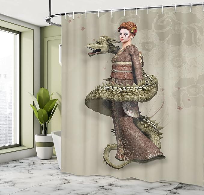 Ambesonne Fantasy Shower Curtain, Westernly Geisha with Cry Make-Up Wrapped by Spiralling Dragon, Cloth Fabric Bathroom Decor Set with Hooks, 69" W x 70" L, Eggshell Green