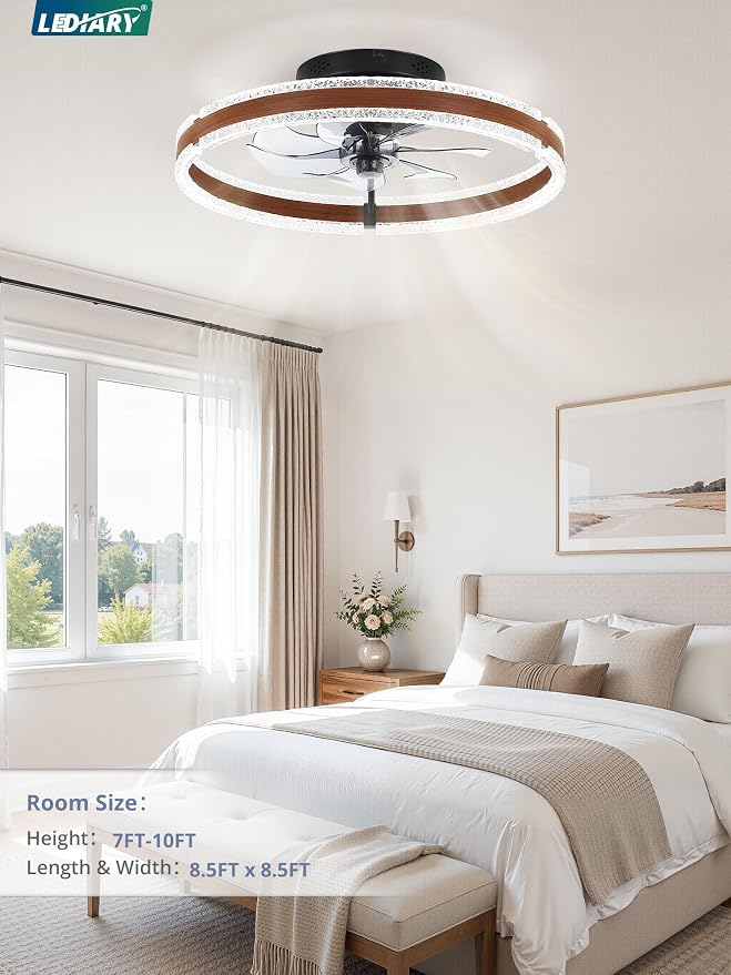 LEDIARY 20" Ceiling Fans with Lights and Remote, Low Profile Ceiling Fan with Light, 3000-6000K Dimmable Fandelier Ceiling Fans, Modern Flush Mount Fan Light for Bedroom with 6 Wind Speeds - Walnut