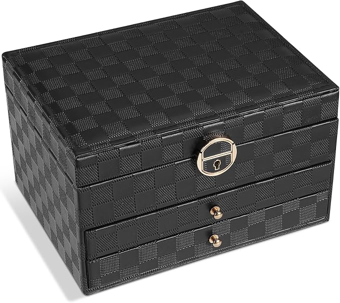 GUOER Jewelry Box for Women Girls, 3 Layers Large Jewelry Organizer(Checkered Black)