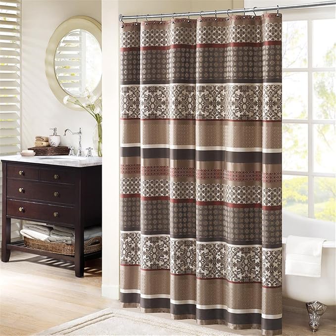 Princeton Geometric Jacquard Fabric Shower Curtain, Transitional Shower Curtains for Bathroom, 72 X 72, Red