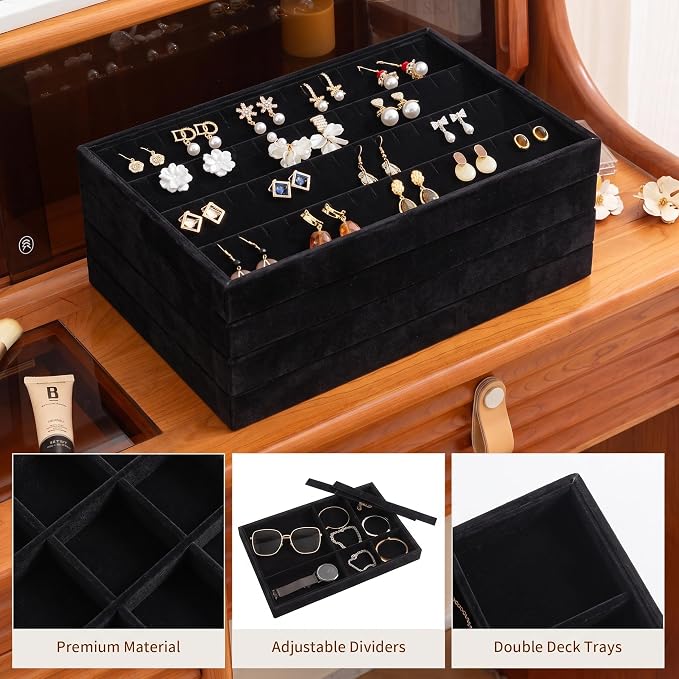 Frebeauty Jewelry Trays for Drawer,Set of 4 Jewelry Organizer and Storage | Velvet Material,Stackable,Adjustable Dividers,Drawer Inserts for Rings Studs Bracelet,Earring Organizer for Women Girls