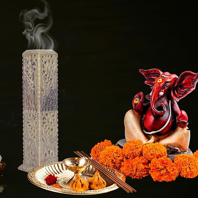 Handmade Stone Incense Stick Holder | Unique King Size Long Tower Burner | Camphore - Tealight - Dhoop Batti - Candles Holder for Yoga, Meditation and Home Decor. (Elephant)
