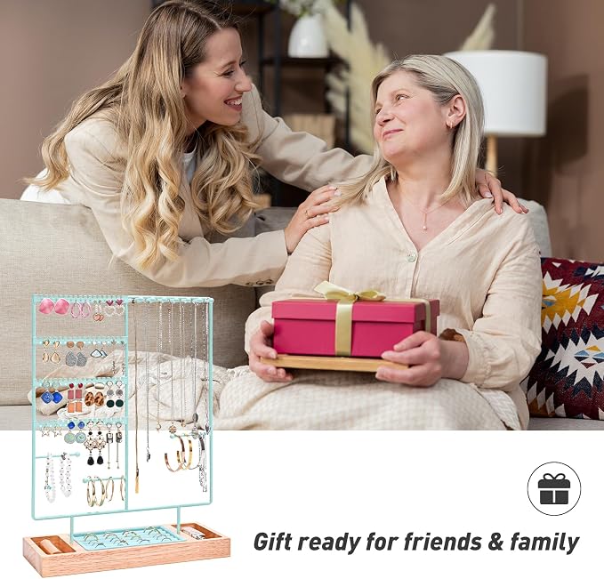 ProCase Jewelry Organizer Stand Earring Holder Organizer, 6 Tiers Earring Organizer Tree Necklace Rack Jewellery Tower Bracelets Holder Storage with Removable Wooden Ring Tray for Women Girls -Blue