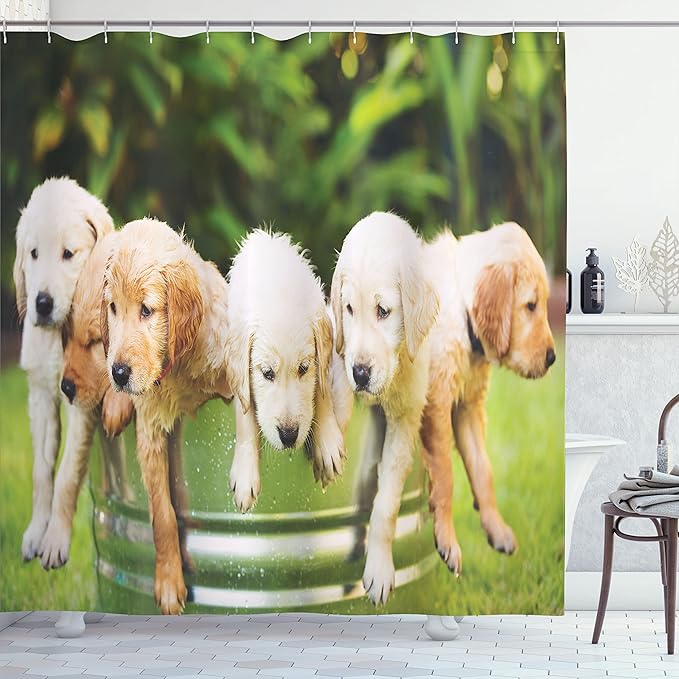 Ambesonne Dog Lover Shower Curtain, Group of Funny Little Golden Retriever Puppies in The Back Yard Spring Family Fried Photo, Cloth Fabric Bathroom Decor Set with Hooks, 69" W x 70" L, Green Beige