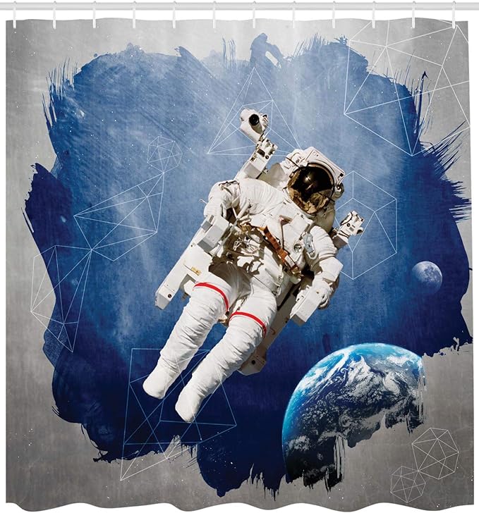 Ambesonne Outer Space Shower Curtain, Astronaut on The Grunge Half Done with Geometric Brushstroke SciFi Modern Art, Cloth Fabric Bathroom Decor Set with Hooks, 69" W x 75" L, Blue Beige