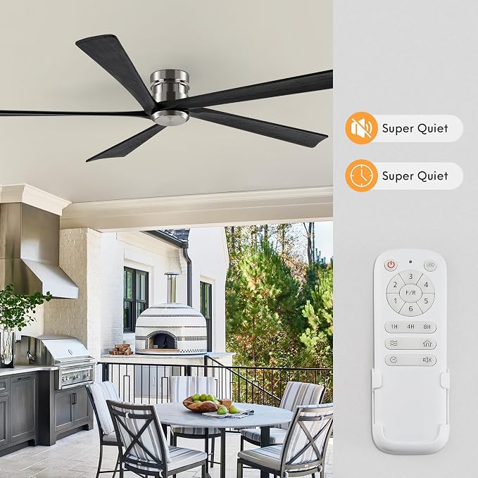 EKIZNSN 84 Inch Brushed Nickel Flush Mount Ceiling Fans without Light for Patios, 110V Noiseless Reversible DC Motor, 6-Gear Speed (Nickel Finish with Black Blades)