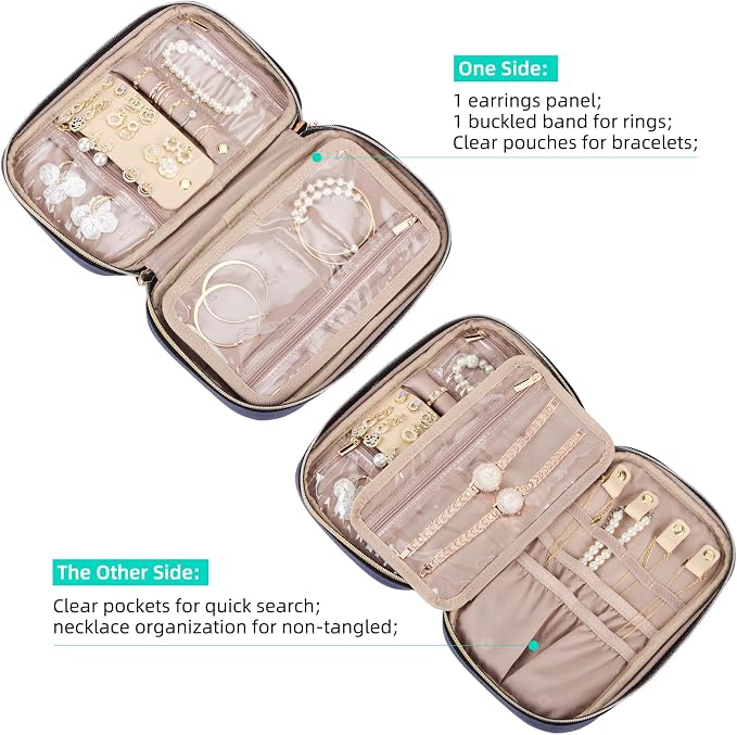 NISHEL Travel Jewelry Case Organizer, Tangle-Free Necklace Storage Bag | Stores rings, earrings, bracelets and watches in a compact case for travel and daily use, Aegean-Blue, Medium