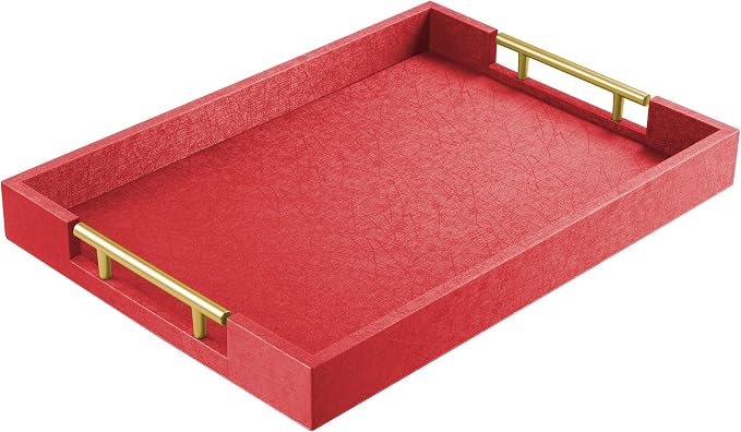 ATZYmolin 17"x12" Leather Serving Tray, Gold Handle Vanity Platter, Red | Rectangle Ottoman Decor Tray, Polished Metal Handles, Coffee Table Bathroom Home Decorative Wood Tray