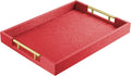 ATZYmolin 17"x12" Leather Serving Tray, Gold Handle Vanity Platter, Red | Rectangle Ottoman Decor Tray, Polished Metal Handles, Coffee Table Bathroom Home Decorative Wood Tray