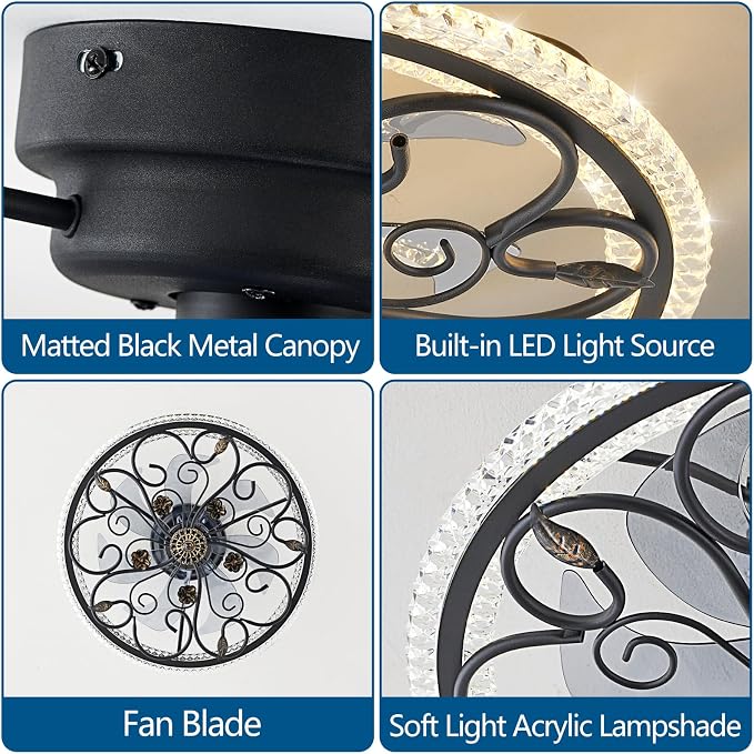 Dalouguan Black Flower Caged Ceiling Fan with Light, Rustic Industrial Ceiling Fan with Lights and Remote, LED Low Profile Ceiling Fan with Light for Bedroom Kitchen Living Room