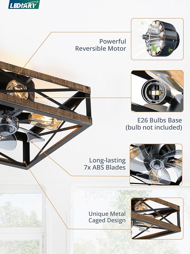 LEDIARY Caged Low Profile Square Ceiling Fans with Lights and Remote | 6 Speed and Reversible, Small Farmhouse Rustic Bladeless Ceiling Fan Flush Mount for Bedroom, Kitchen, Dining Room